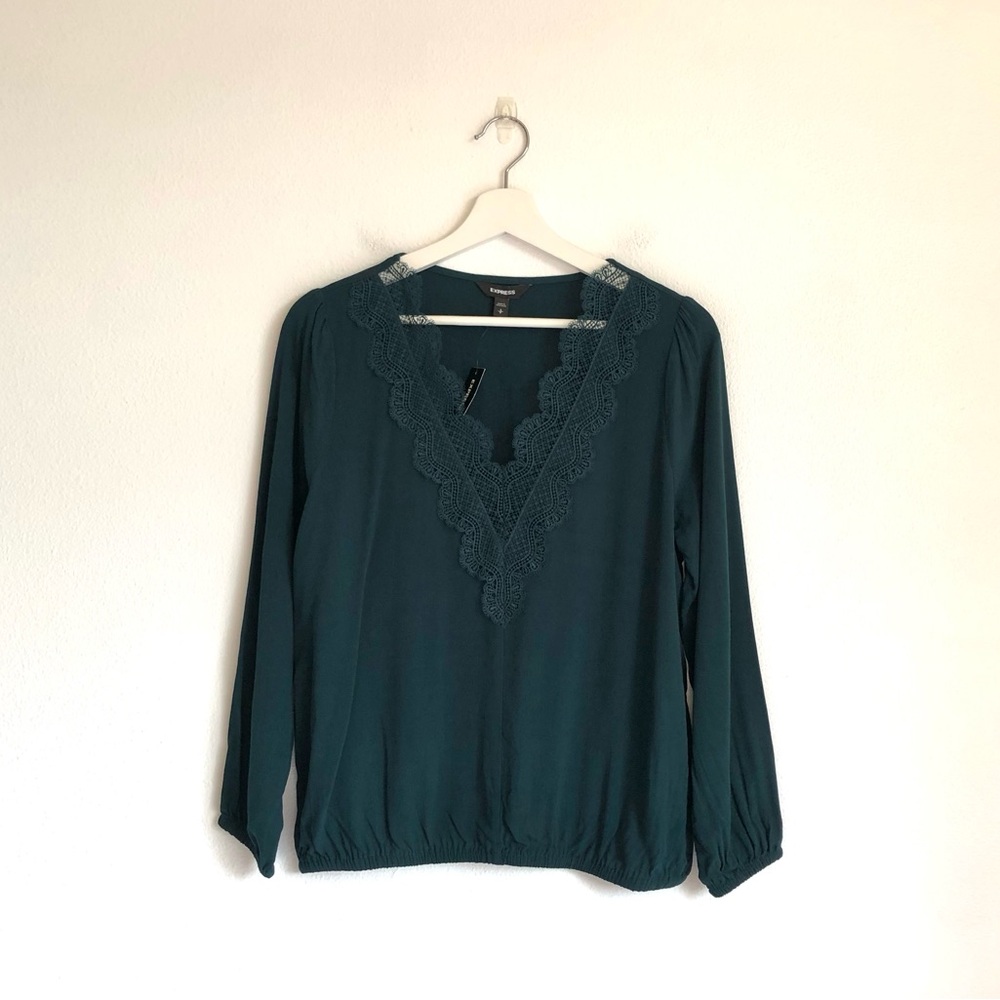 NWT Express Dark Green Lace Trim Blouse Top Size Small Boho Feminine Whimsigoth